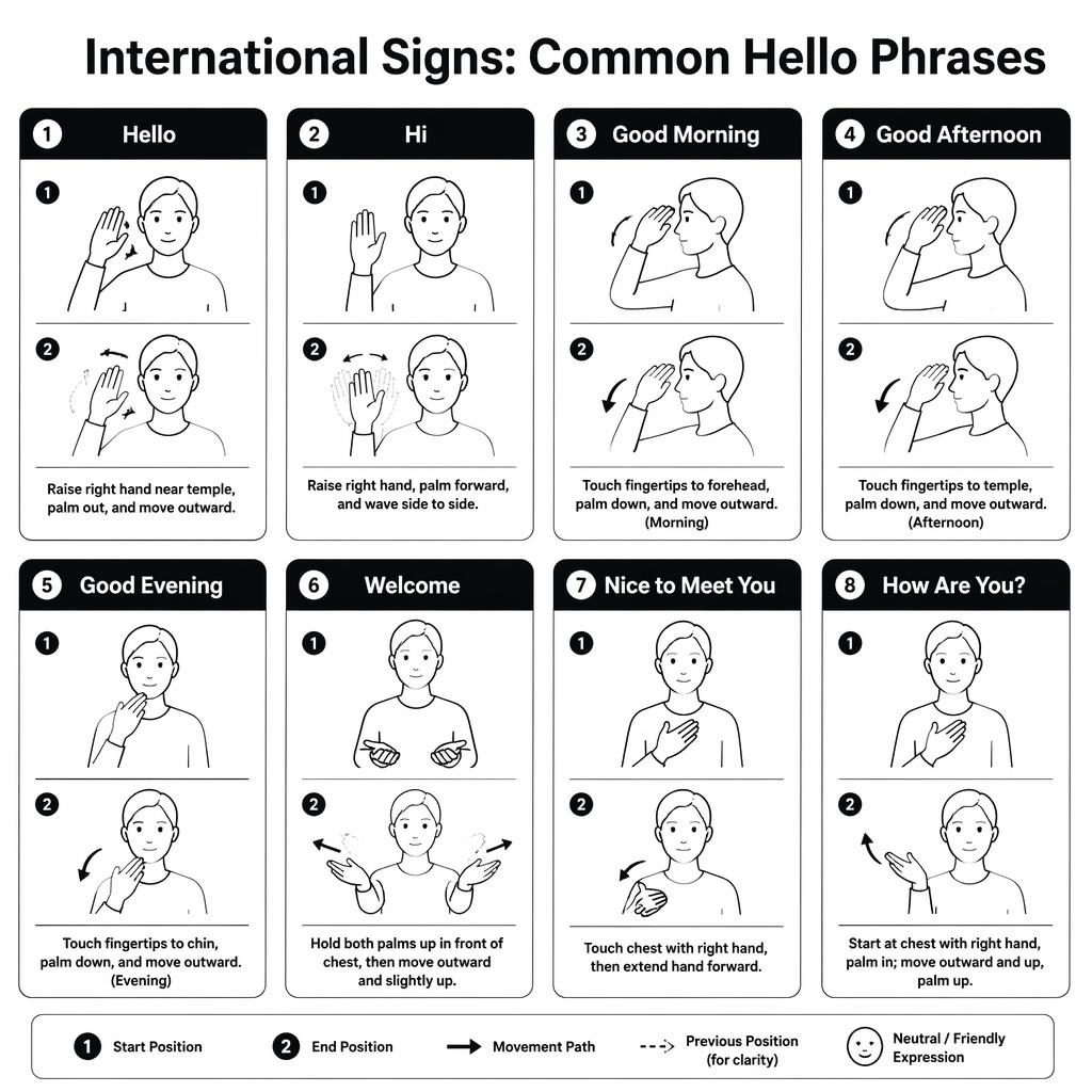 Infografía en cuadrícula con 8 tarjetas de saludos en señas internacionales, manos anatómicas, flechas de movimiento y texto en inglés.
