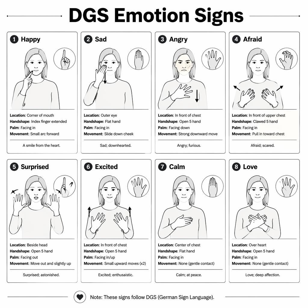 Minimal 8-card DGS emotion signs infographic grid with hand diagrams, English labels, motion arrows, and light background.