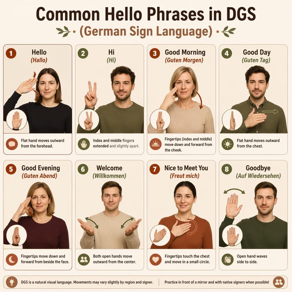 Educational DGS greeting infographic with 8 cards showing hand-sign diagrams for hello, hi, good morning, welcome, and goodbye.