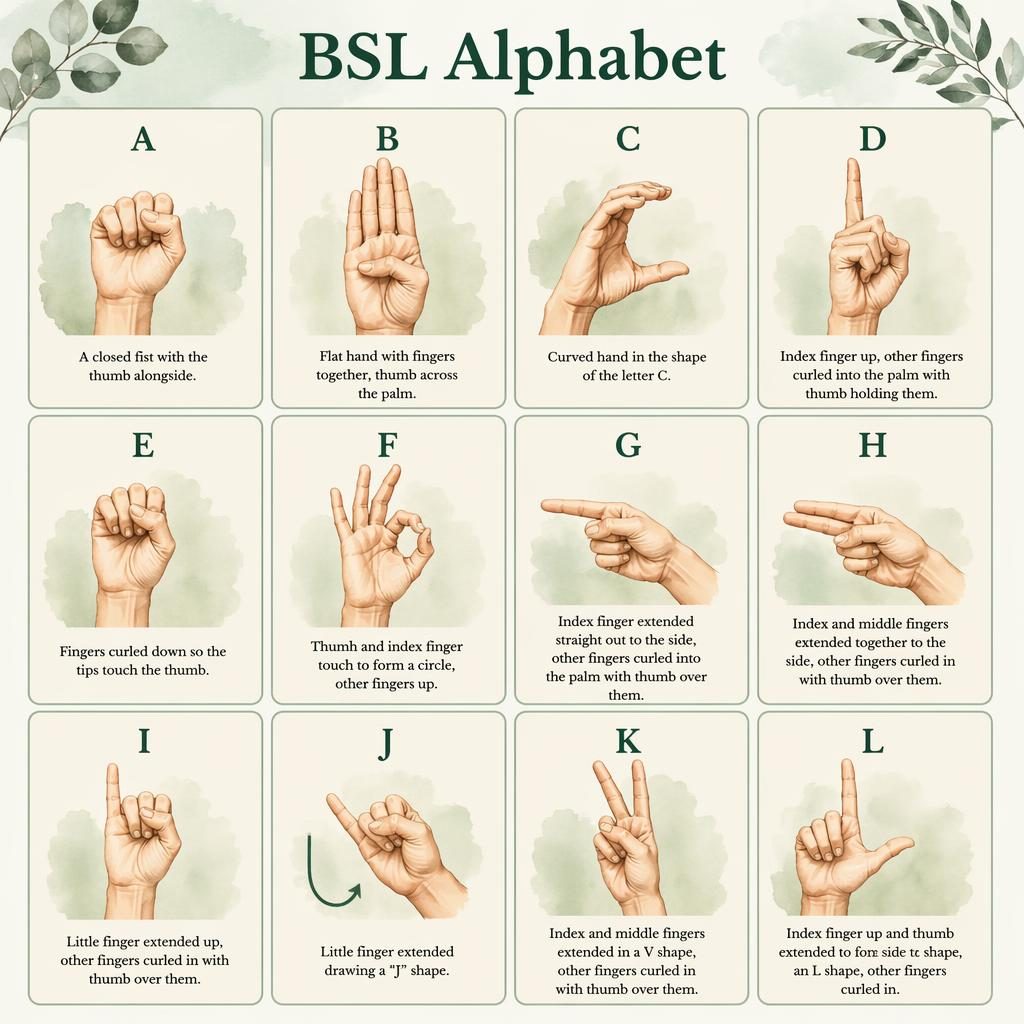 12-card sage and cream infographic grid showing anatomically accurate hand signs with English labels and short captions.