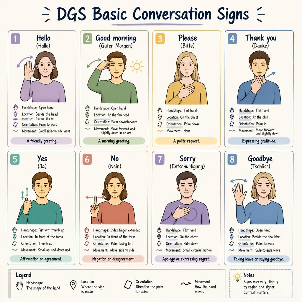 Sketchnote-style card grid infographic showing 8 DGS basic conversation signs with hand diagrams, arrows, and English labels.