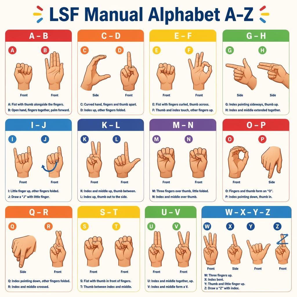 Plakátová infografika s 12 kartami v mřížce 3x4 ukazuje ruční abecedu LSF A–Z s anatomickými kresbami ruky.