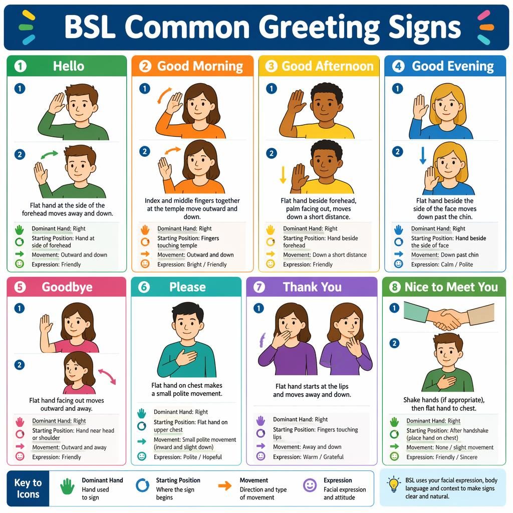 Classroom-style BSL greeting infographic with 8 cards showing hand sign diagrams, motion arrows, labels, and sign language finger spell cues.