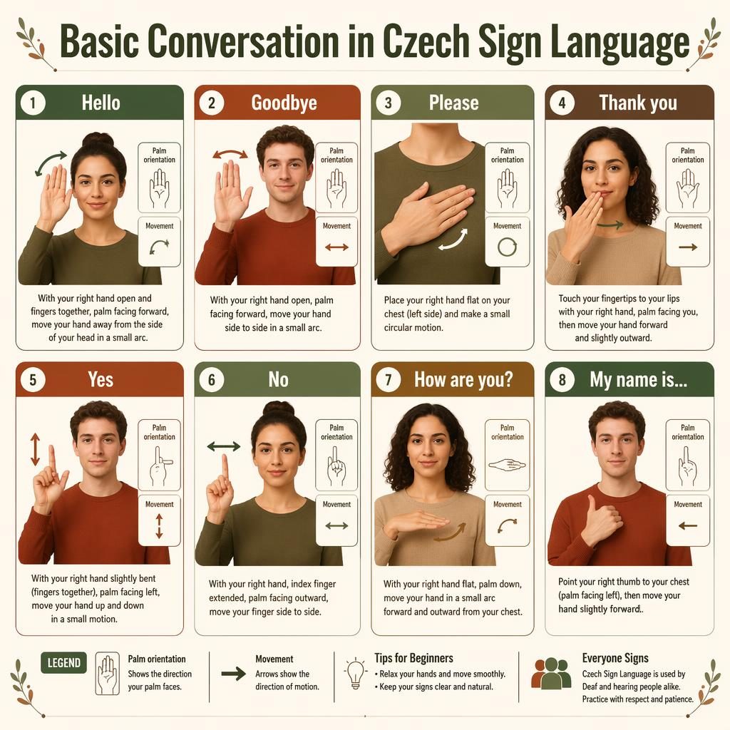 Infografía en cuadrícula con 8 tarjetas de conversación básica, manos anatómicas, flechas de movimiento y texto en inglés.