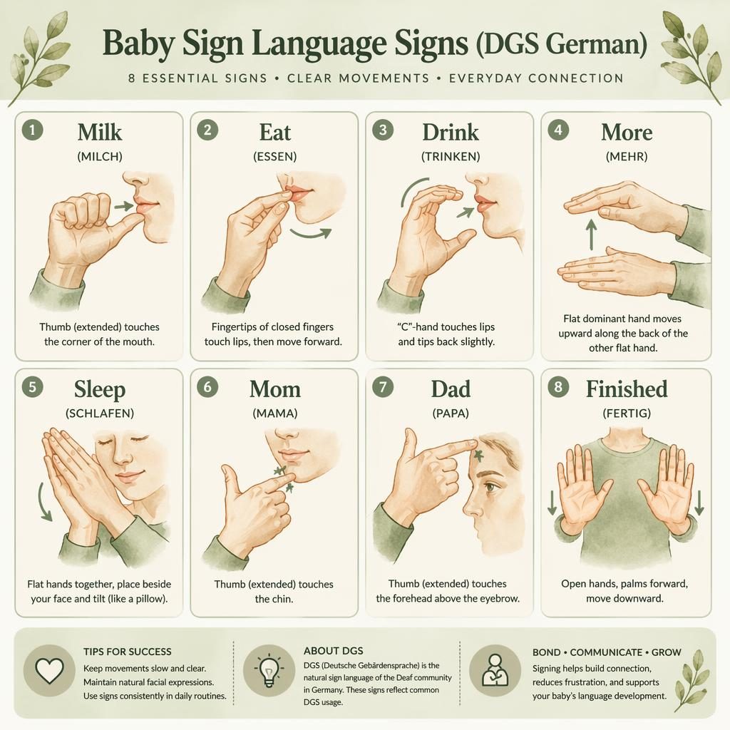 Editorial card grid infographic of 8 DGS baby sign cards with hand diagrams, arrows, sage and cream watercolor style.