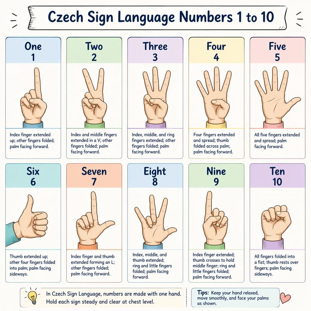 Infografía en cuadrícula con 10 tarjetas pastel que muestran números 1 a 10 en lengua de signos checa con diagramas de manos.