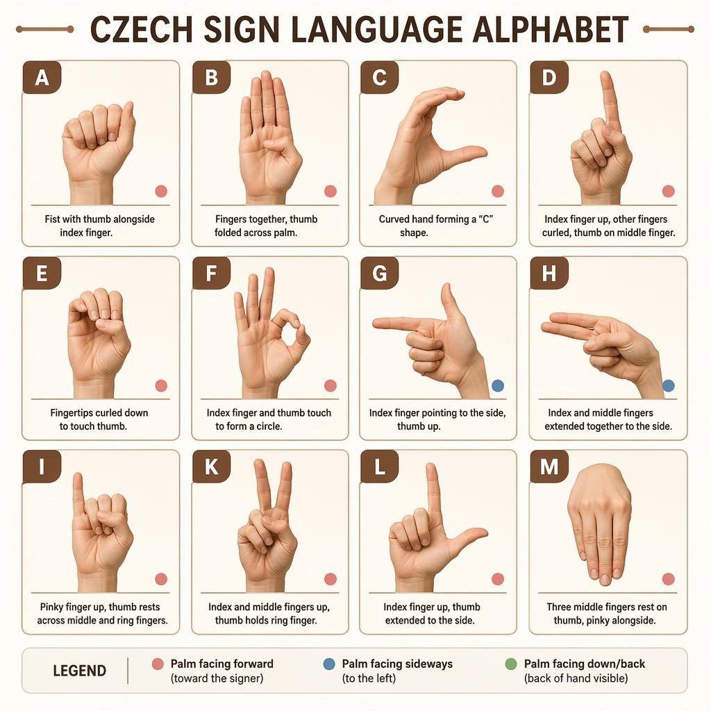 Infographie en grille de 12 cartes montrant l’alphabet pour les sourds en langue des signes tchèque avec mains illustrées.