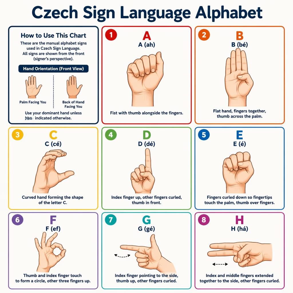 Infografía en cuadrícula con 9 tarjetas del alfabeto checo en lengua de signos, manos anatómicas y textos en inglés.