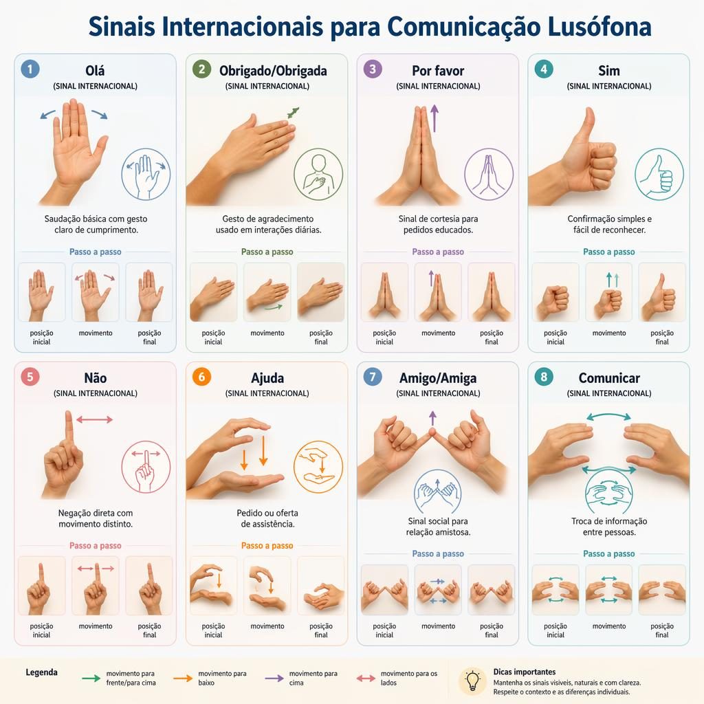 Infográfico em grelha com 8 cartões de sinais manuais, setas de movimento, rótulos em português e fundo neutro pastel.