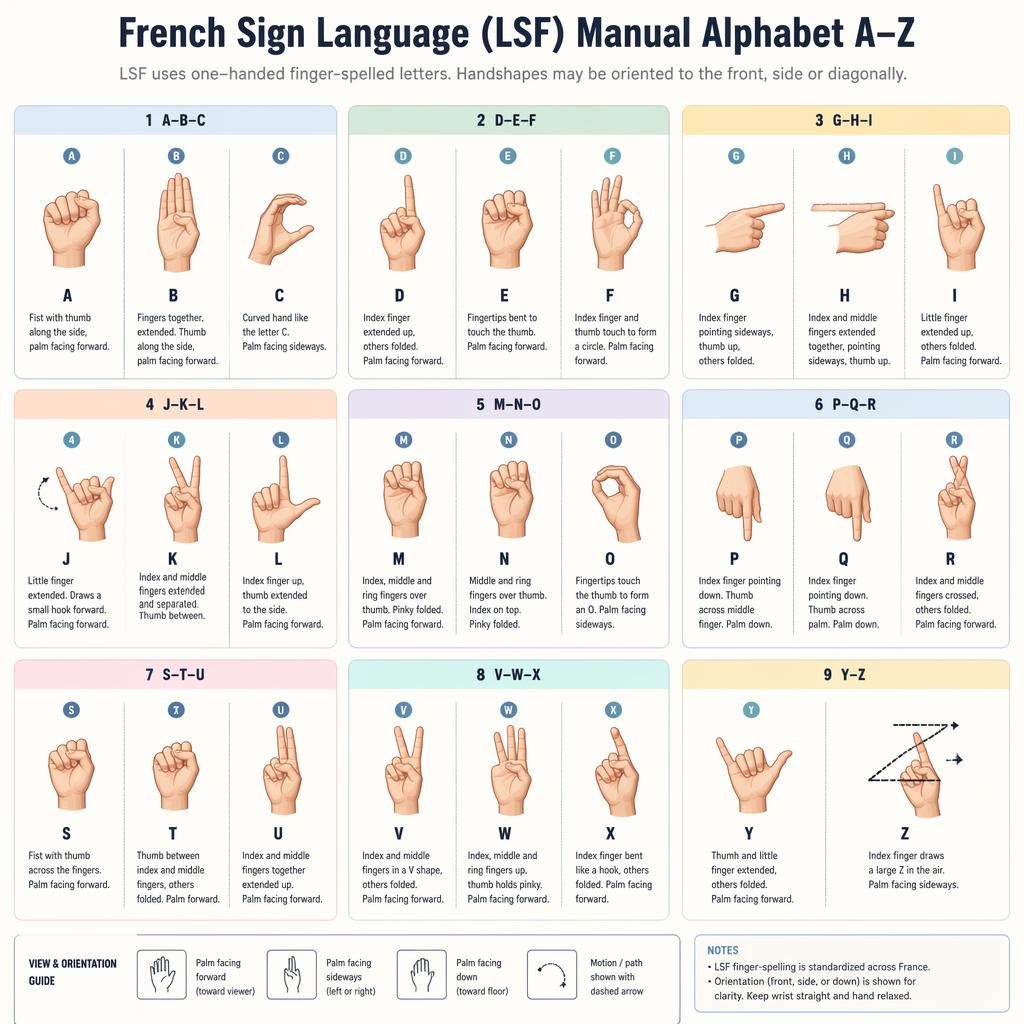 Kartová infografika s 12 panely ukazuje francouzskou manuální abecedu LSF A–Z, pastelové barvy, nákresy rukou a anglické popisky.