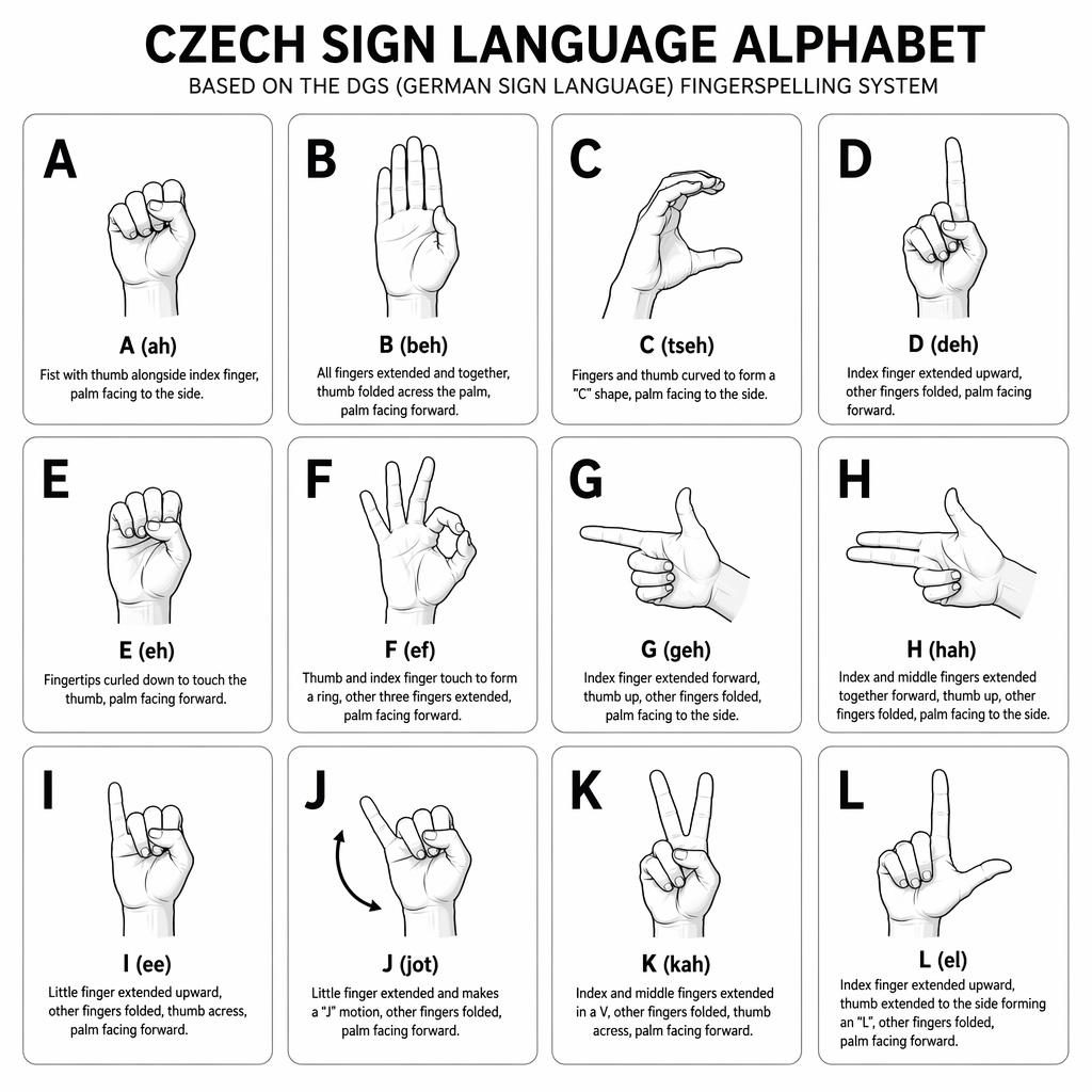 Infographie en grille de 12 cartes monochromes montrant les positions de main pour A à L avec légendes en anglais.