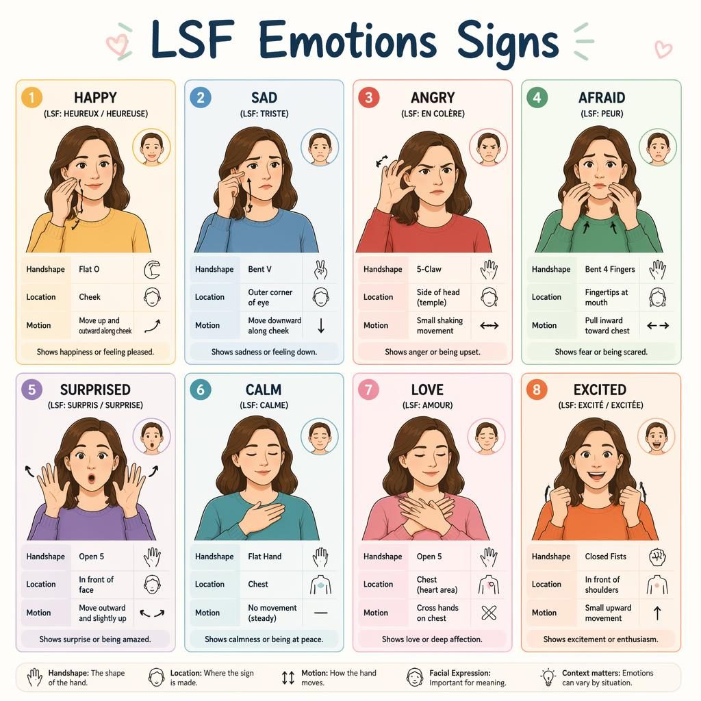 8-card LSF emotions infographic with hand-sign diagrams, arrows, facial cues, and English labels in a pastel grid.