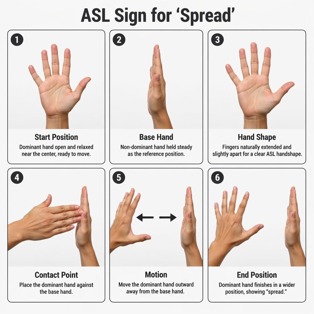 Infografica a griglia con 6 schede che mostrano mani fotorealistiche e i passaggi ASL per spread the sign.
