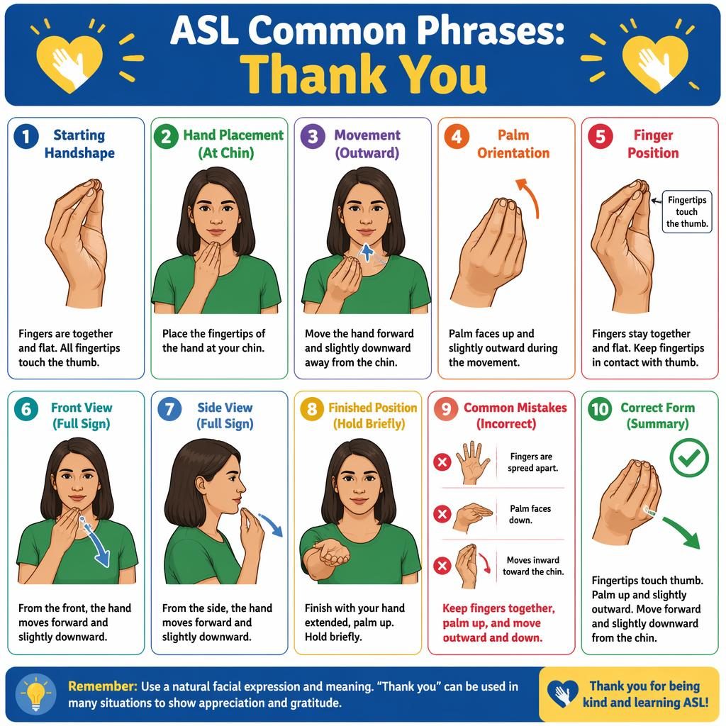 Grid poster showing ASL Thank You with handshape, chin placement, outward motion, palm orientation, views, and mistakes.