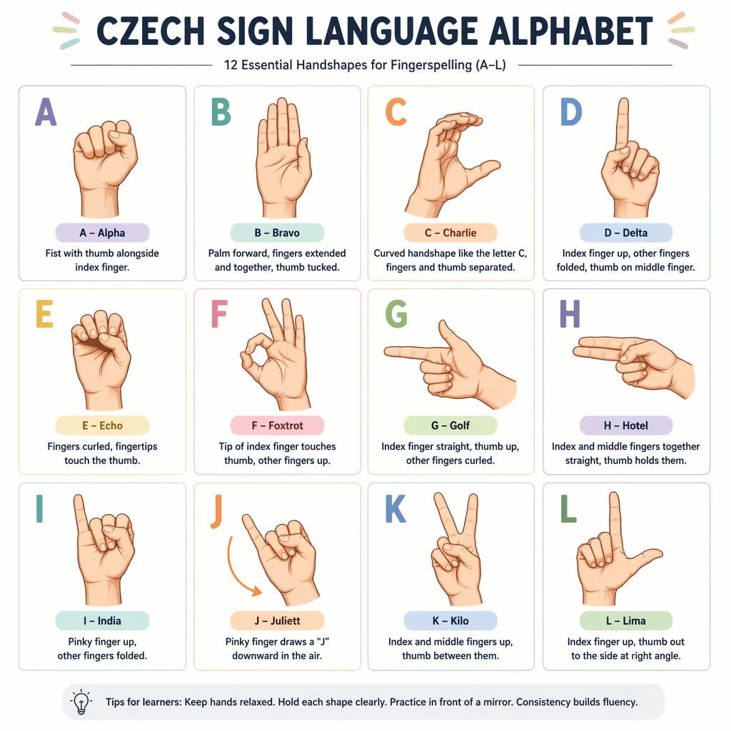 Affiche infographique en grille de 12 cartes montrant l’alphabet pour les sourds en langue des signes tchèque, de A à L.