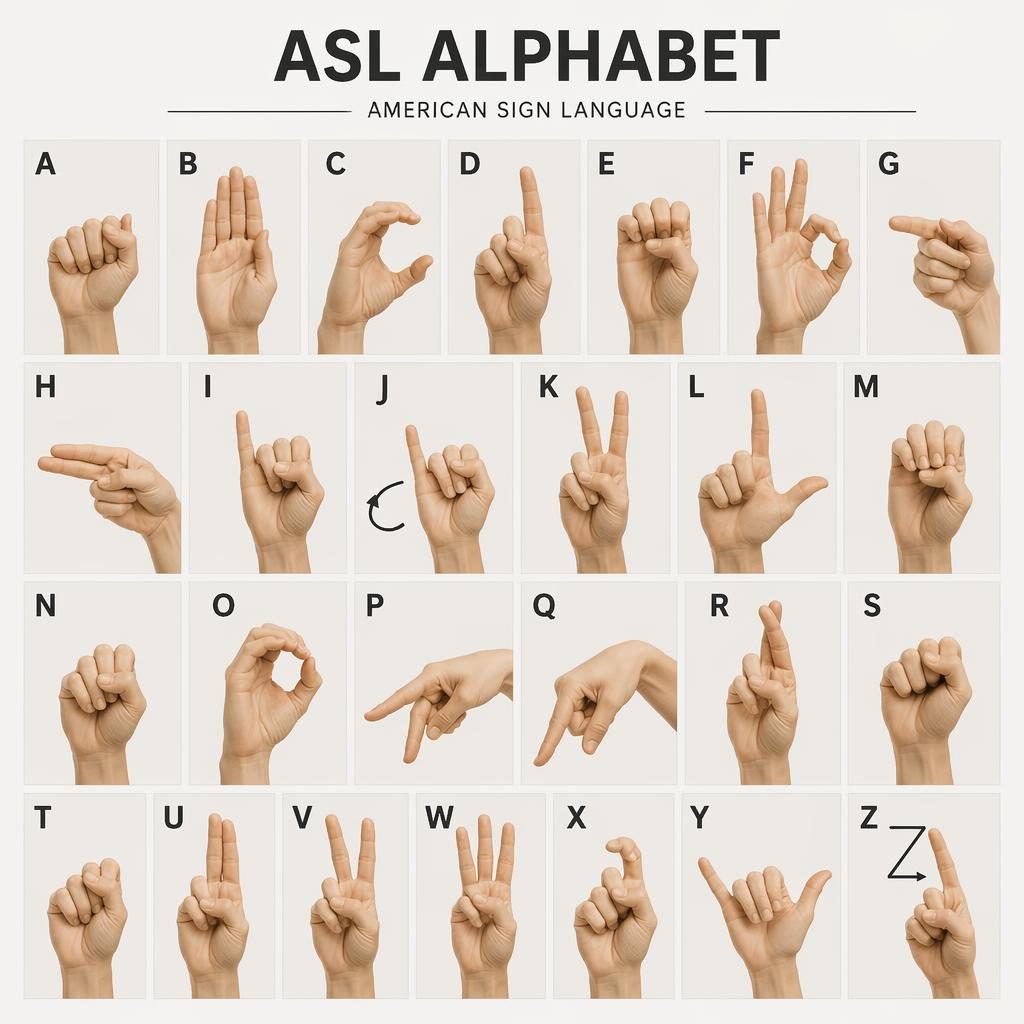 Fotorealistyczna infografika ASL z dłońmi dorosłej osoby pokazującymi litery A–Z w siatce na neutralnym tle.