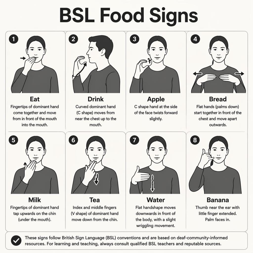 Monochrome infographic grid of 8 BSL food sign cards with hand diagrams, arrows, English labels, and brief descriptions.