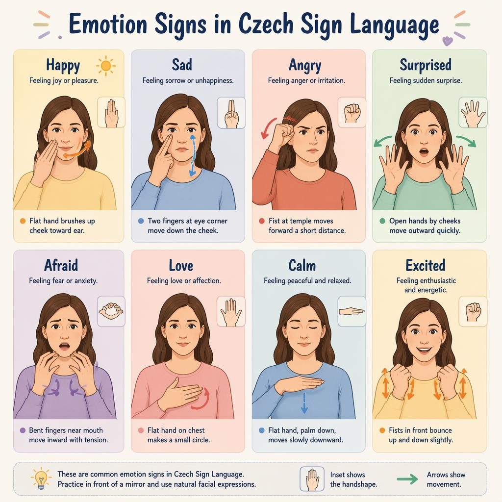 Infografik mit 8 Karten zu Emotionen in tschechischer Gebärdensprache, mit Handdiagrammen, Pfeilen und englischen Labels.