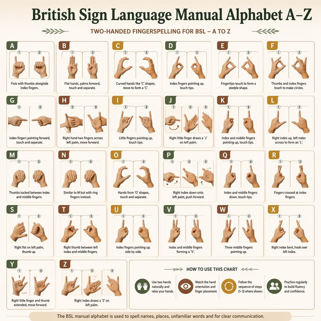 Educational grid infographic of the British Sign Language manual alphabet A–Z with 12 cards, hand diagrams, labels, and cues.