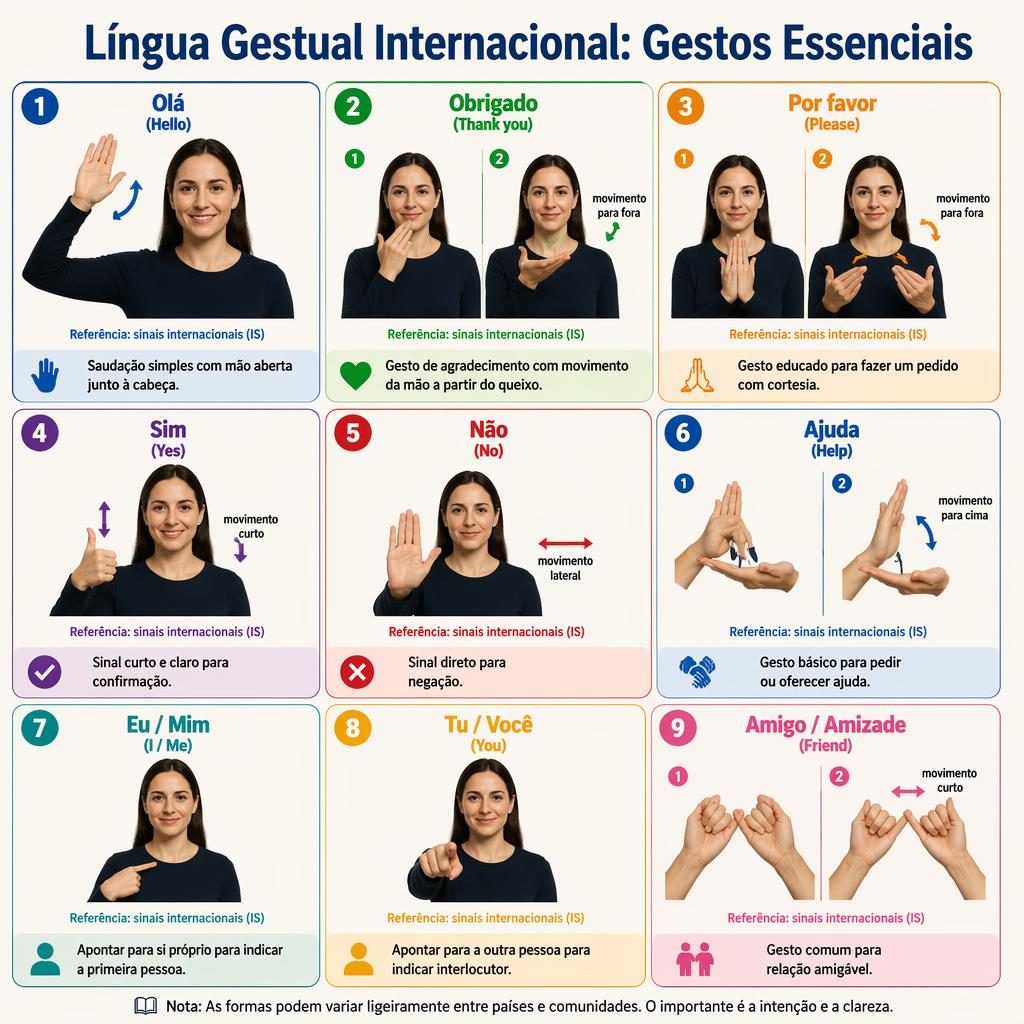 Infográfico em grelha com 9 cartões de lingua gestual, mãos realistas, setas de movimento e títulos em português.