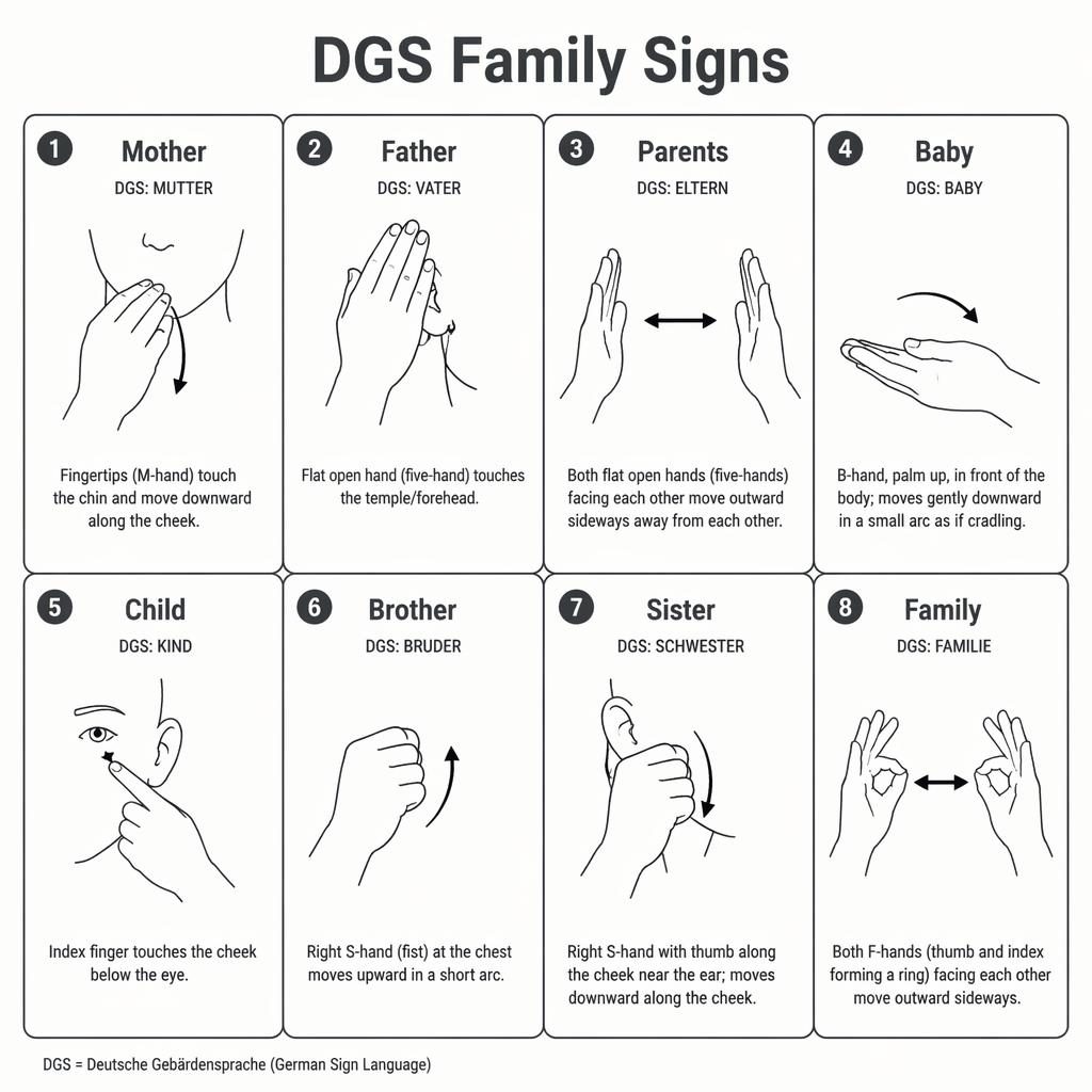 Monochrome infographic grid of 8 DGS family sign cards with hand diagrams, arrows, and English labels for Mother to Family.