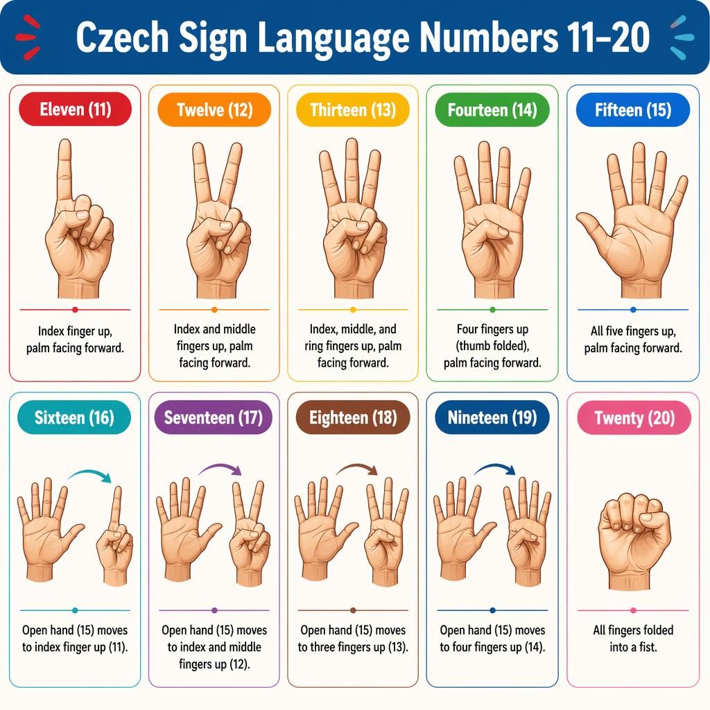Infographic grid of 10 cards showing Czech Sign Language numbers 11–20 with hand diagrams, English labels, and brief captions.
