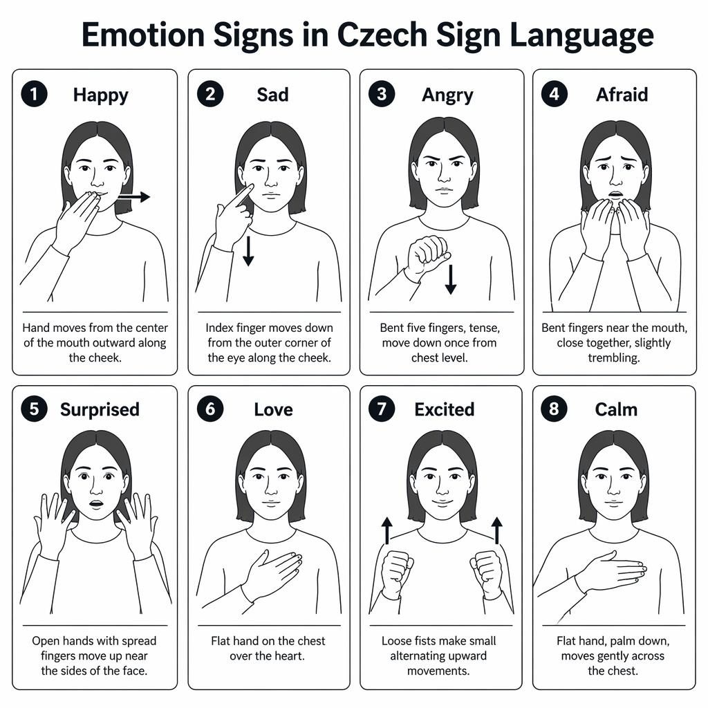 Monochrome 8-card infographic grid showing Czech Sign Language emotion signs with hand diagrams and English labels.