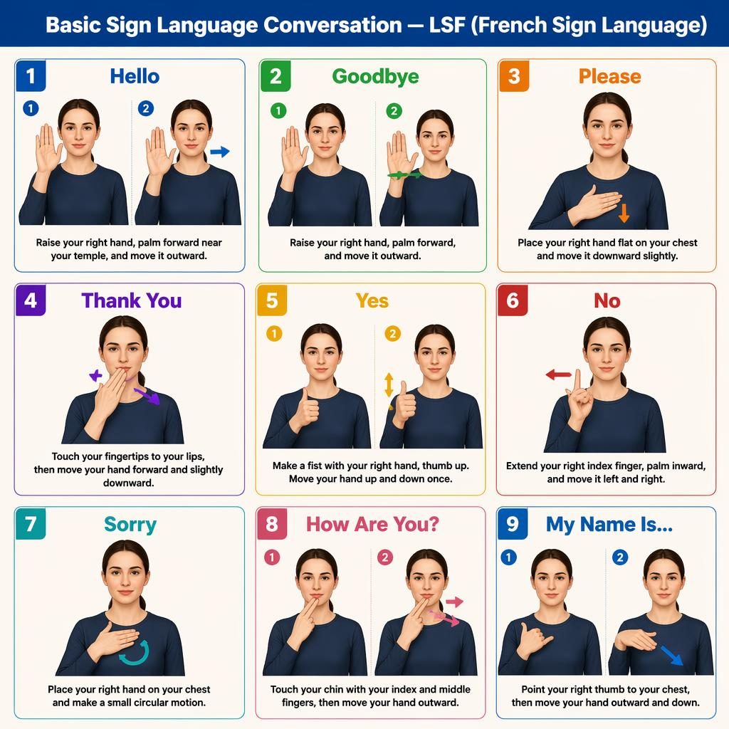 3x3 classroom-style infographic grid showing 9 LSF hand sign cards with English labels, diagrams, and movement arrows.