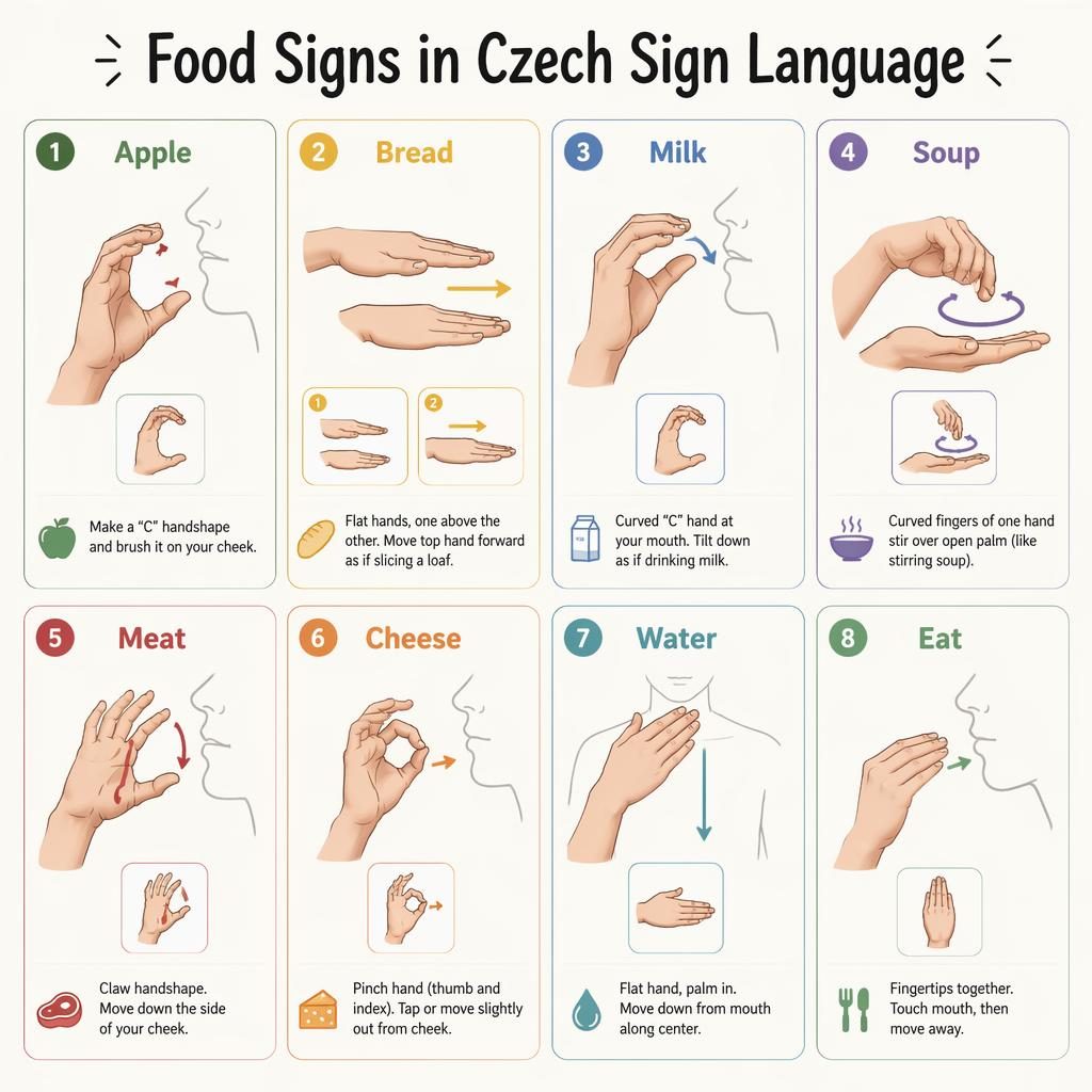 Infografik mit 8 Karten zu Lebensmittel-Gebärden in der tschechischen Gebärdensprache, mit Handdiagrammen und Pfeilen.