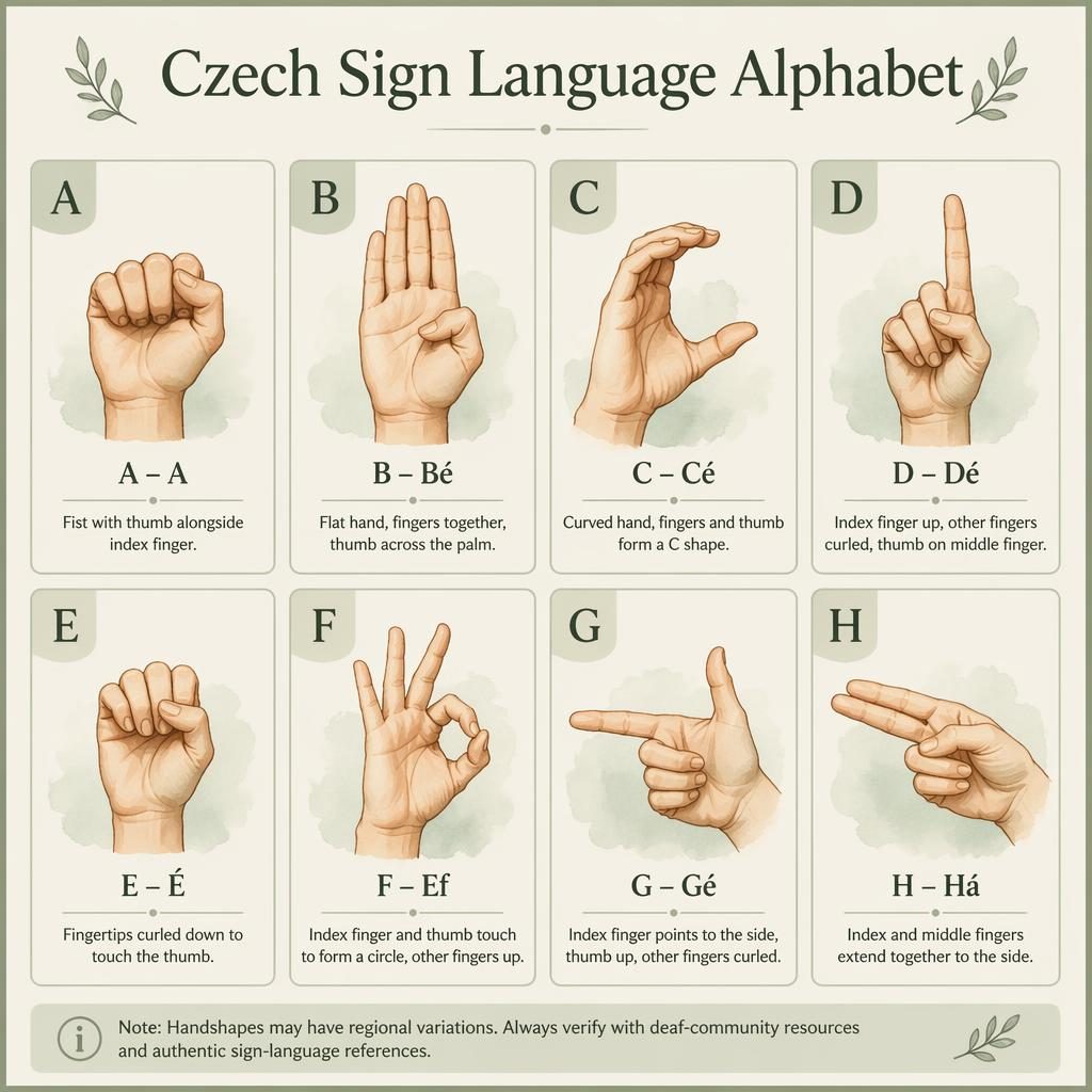 Infografik mit 8 Karten im Raster zum tschechischen Fingeralphabet, mit Handstellungen in Salbei und Creme.