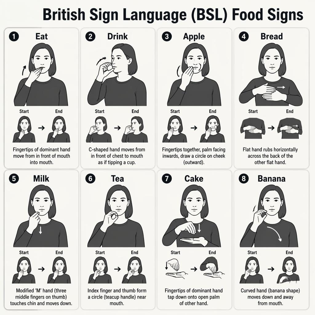 Raster-Infografik mit 8 Karten zu BSL-Essensgebärden, mit Handdiagrammen, englischen Labels und Pfeilen für Bewegungen.