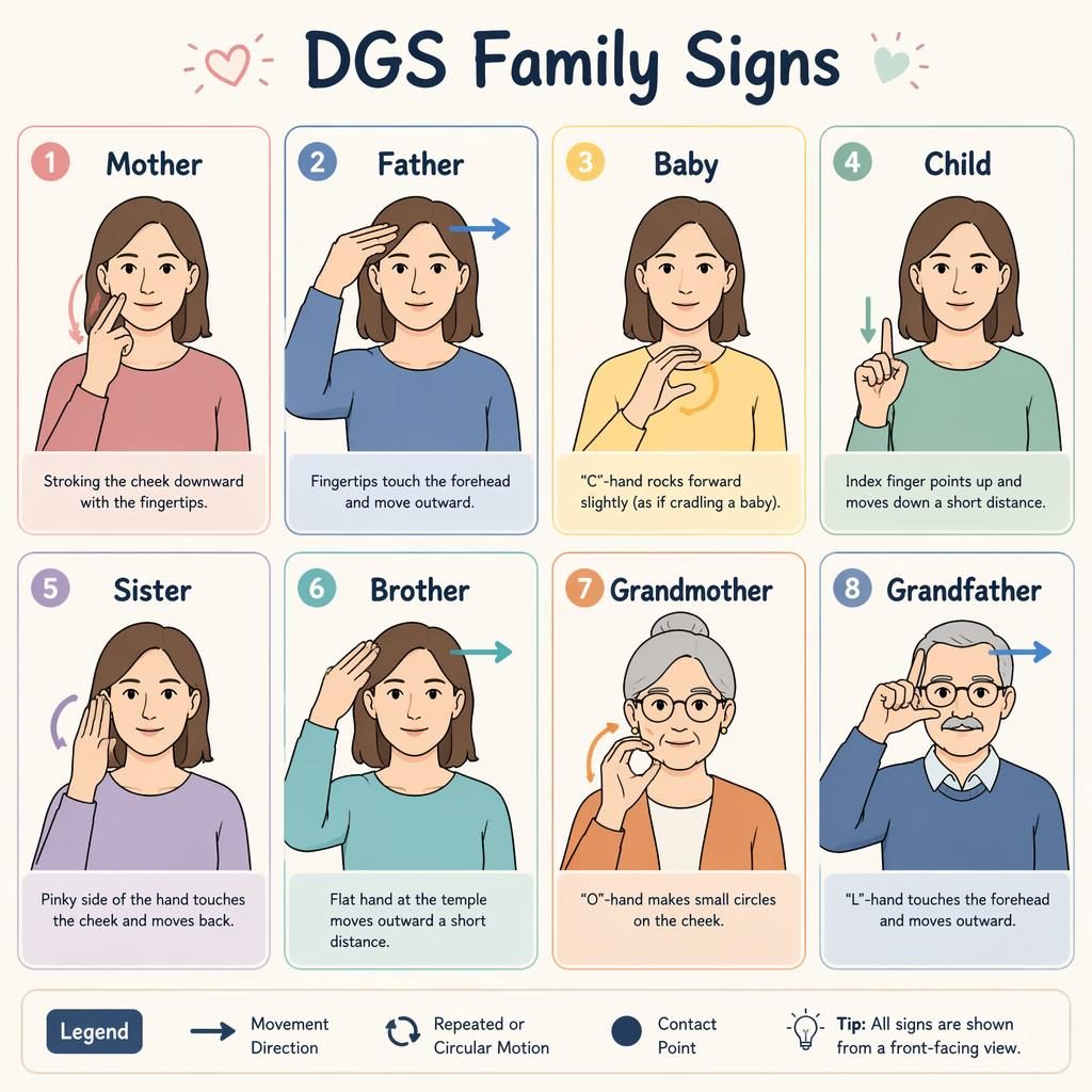 Pastel sketchnote infographic grid of 8 DGS family sign cards: mother, father, baby, child, sister, brother, grandmother, grandfather.