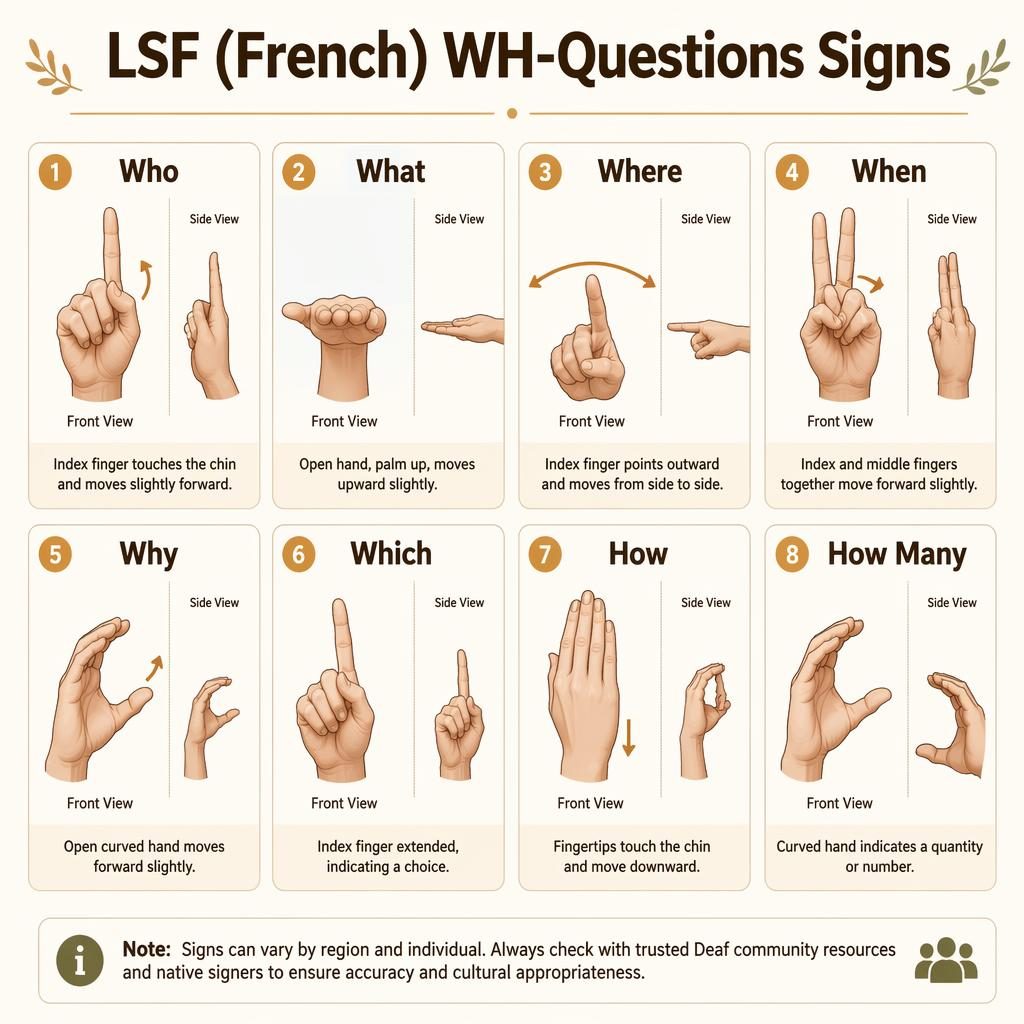 Educational 8-card grid infographic of LSF WH-question hand signs with diagrams, motion arrows, English labels, and warm tones.