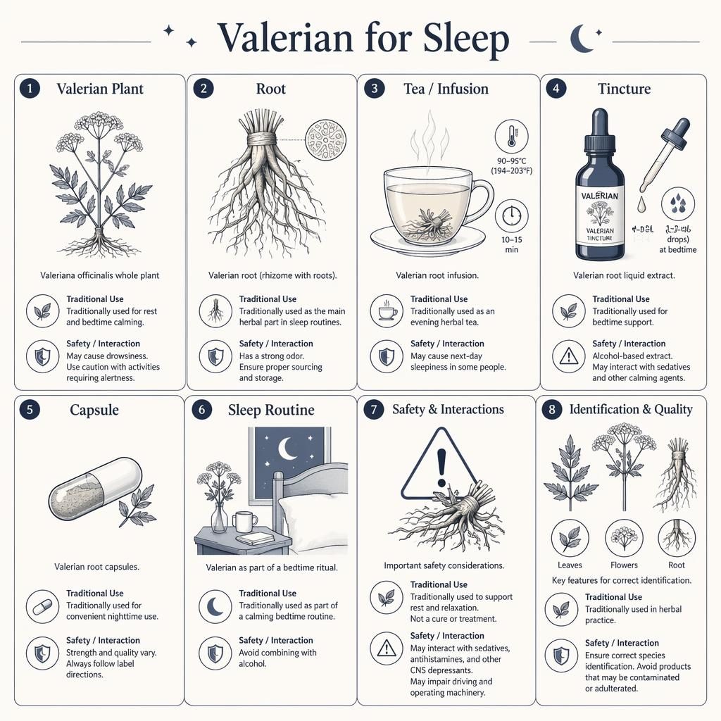 Monochrome card grid infographic with 8 valerian sleep support panels, botanical drawings, root, tea, tincture, capsule, safety.