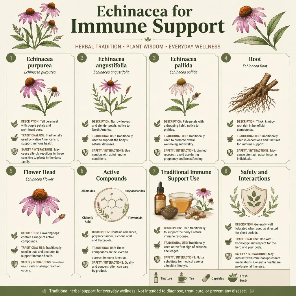 Infografika s 8 kartami o echinacee, botanické ilustrace, bylinné přípravky a anglické popisky v zemitých tónech.