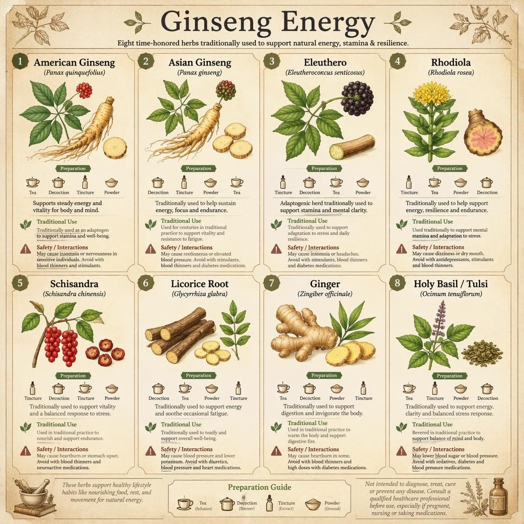 Eight-card herbal infographic grid with ginseng, rhodiola, tulsi, ginger, licorice, schisandra, and eleuthero illustrations.