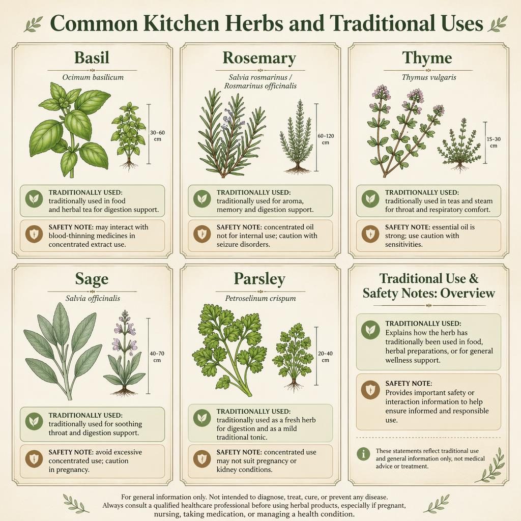Editorial botanical infographic with 6 herb cards for basil, rosemary, thyme, sage, parsley, and safety notes.