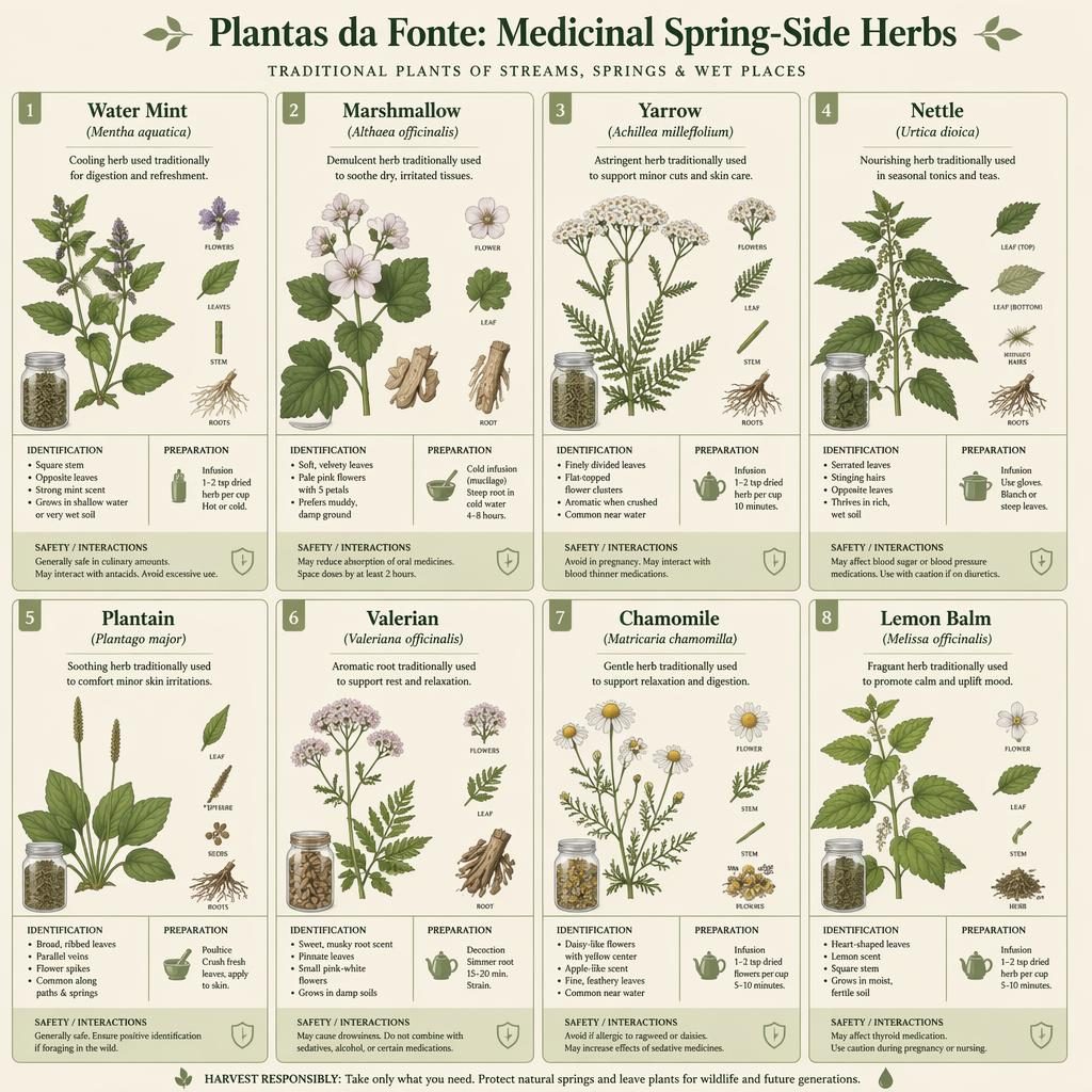 Infográfico em grade com 8 cartões de ervas medicinais da fonte, com diagramas botânicos, nomes em inglês e latim.