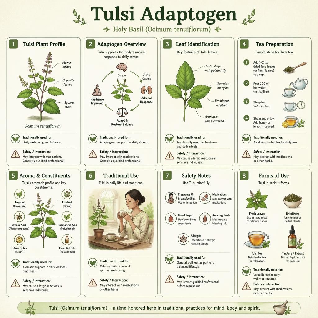 Infografika s 8 kartami o Tulsi, sketchnote styl, botanické ilustrace bazalky posvátné v tlumeně zelené paletě.