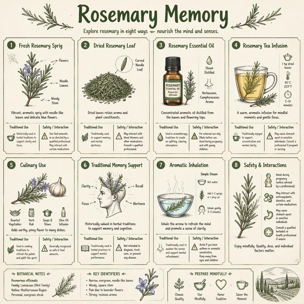 Sketchnote infographic with 8 rosemary-themed herb cards in a muted green grid, showing sprigs, oil, tea, culinary use, and safety notes.