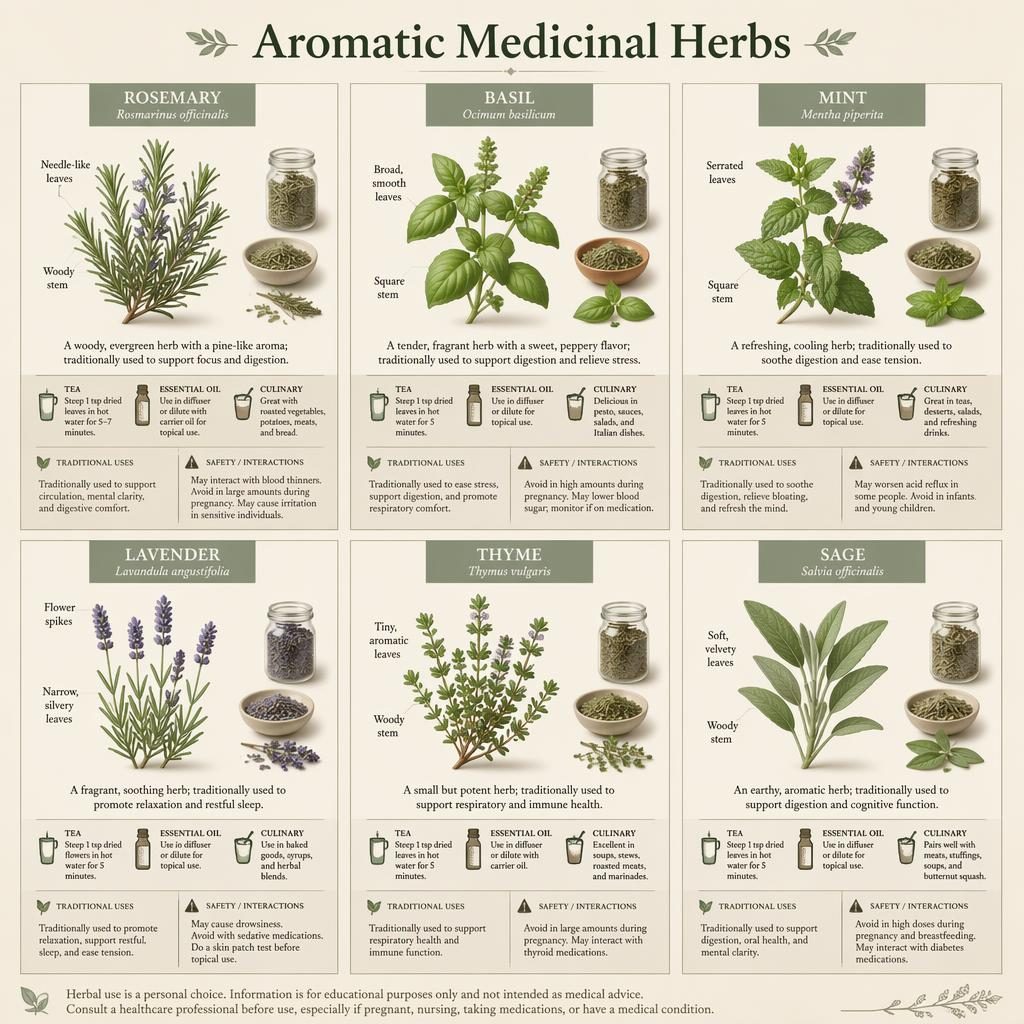 Grade com 6 cards de ervas medicinais: alecrim, manjericão, hortelã, lavanda, tomilho e sálvia.