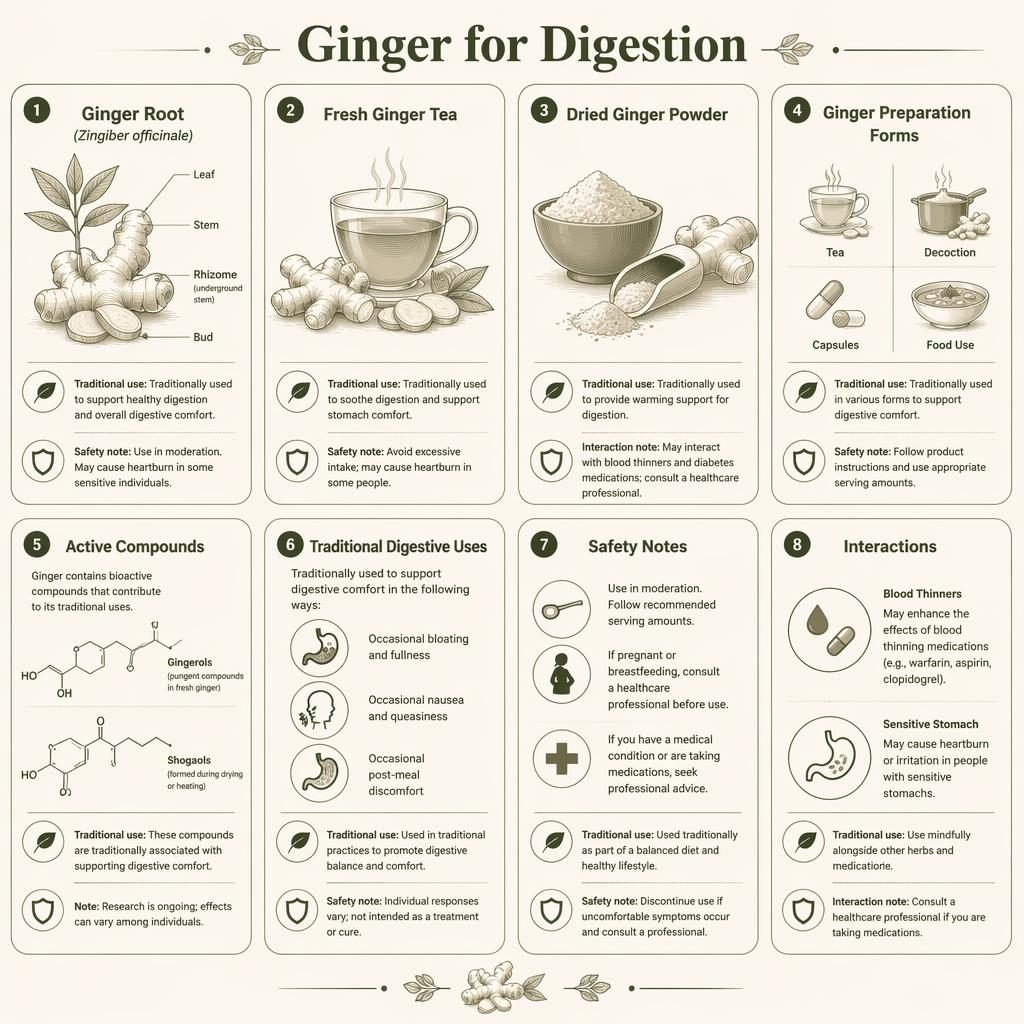 Monochrome card grid infographic on ginger for digestion with 8 illustrated panels, botanical diagrams, icons, safety notes.