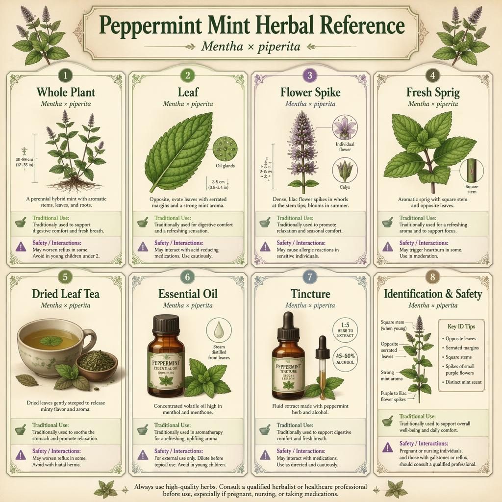 Infografika s 8 kartami máty peprné ve vintage apatykářském stylu, s botanickými ilustracemi, diagramy a pastelovými tóny.