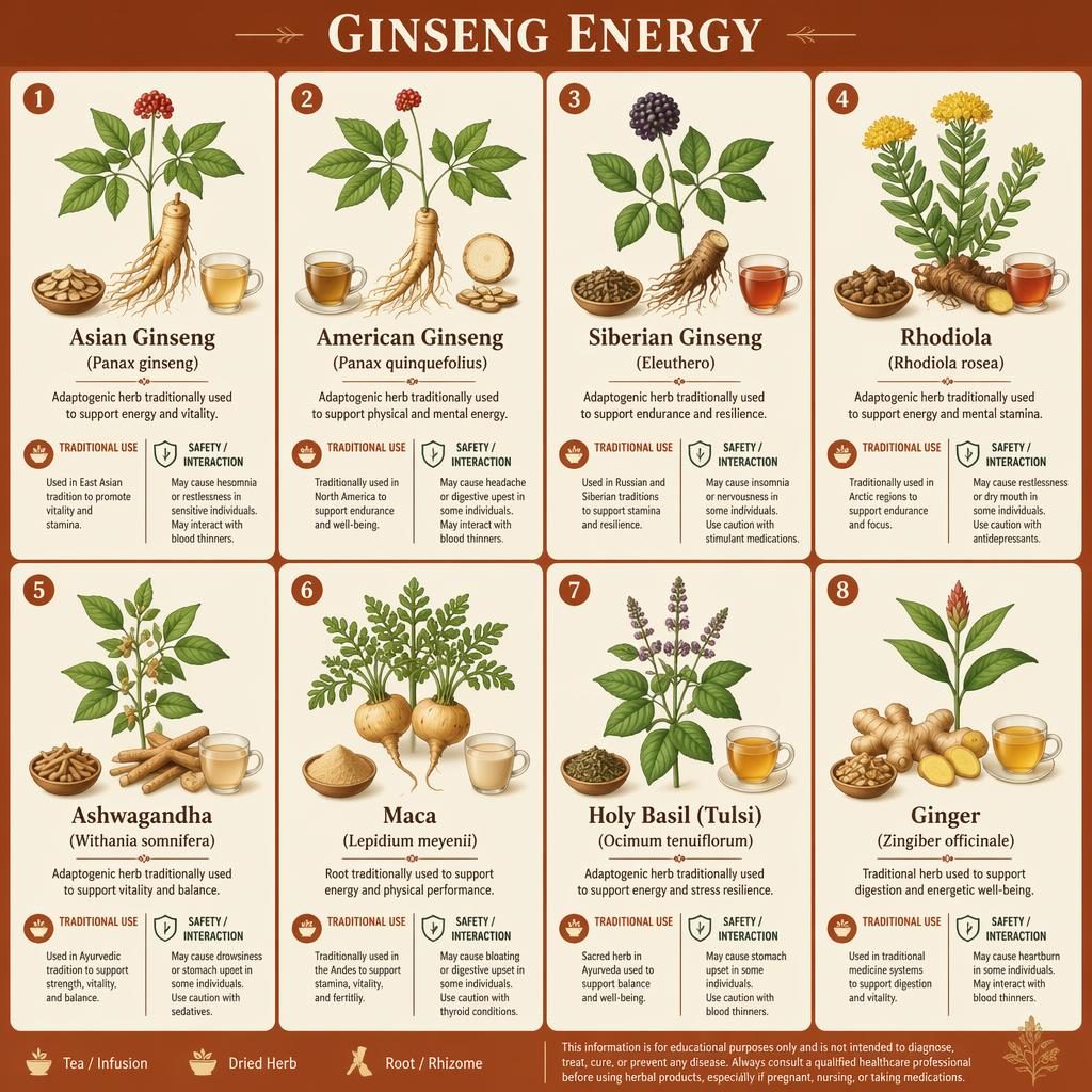 Infografika s 8 kartami bylin pro energii, botanické ilustrace v rezavo-krémové paletě, názvy a popisy v angličtině.