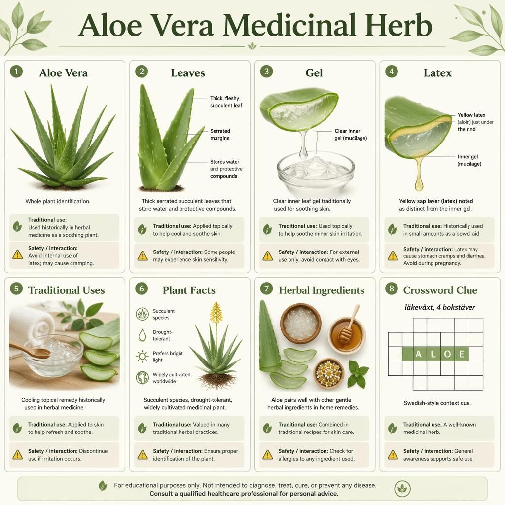 Infografik med 8 kort om aloe vera, blad, gel, latex, användning, växtfakta och korsordsledtråden läkeväxt 4 bokstäver.
