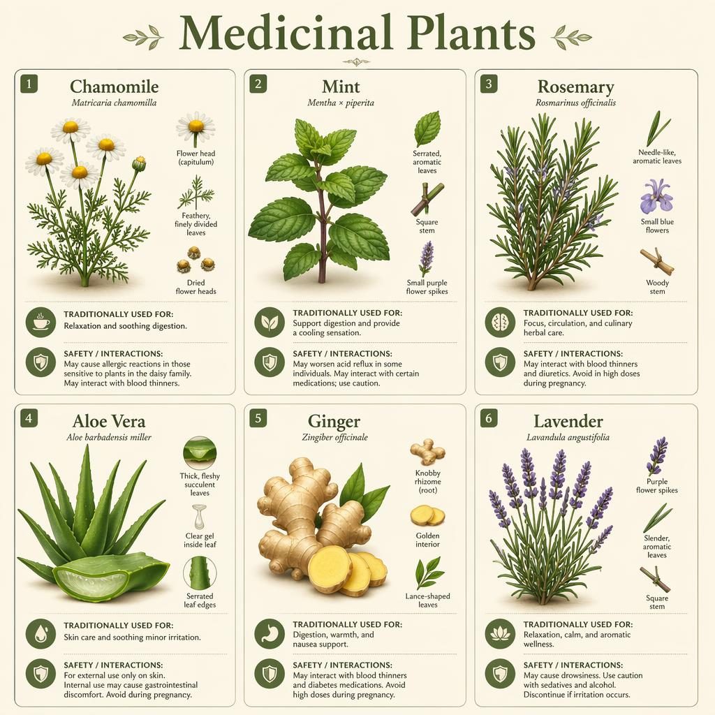 Grade com 6 cartões botânicos de plantas medicinais, com camomila, hortelã, alecrim, aloe vera, gengibre e lavanda.