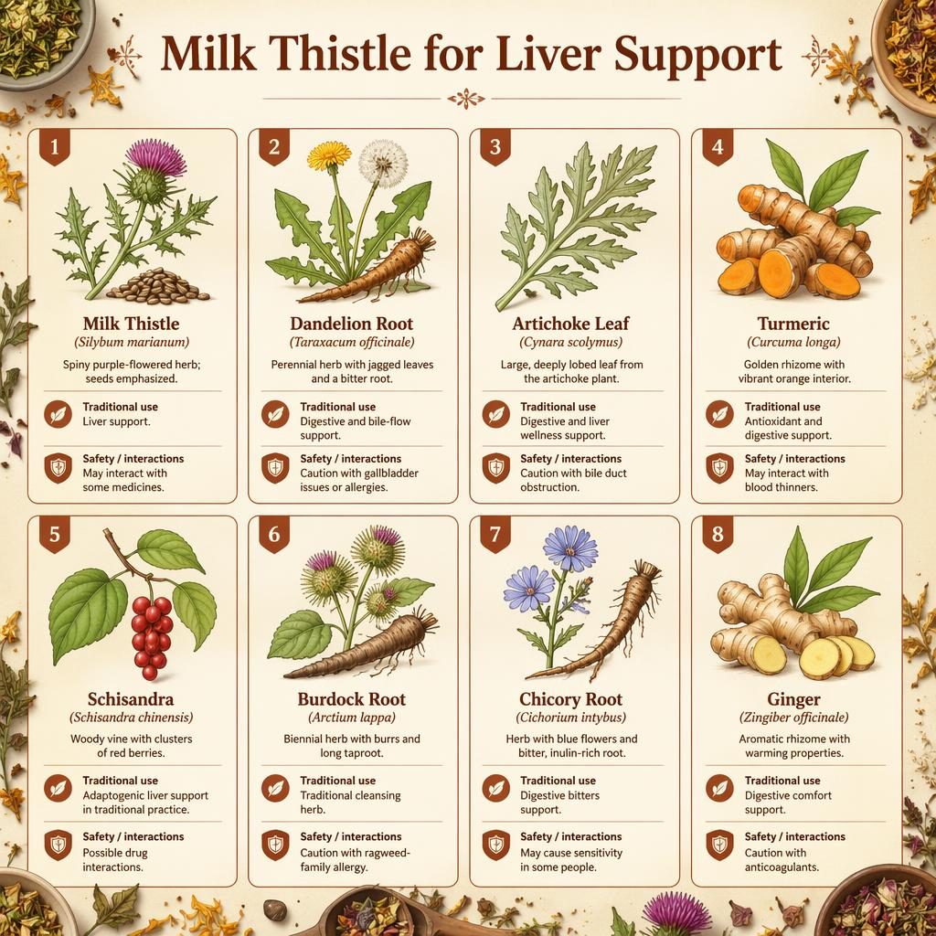 Botanická infografika s mřížkou 8 karet bylin pro podporu jater v teplé rezavo-krémové paletě.