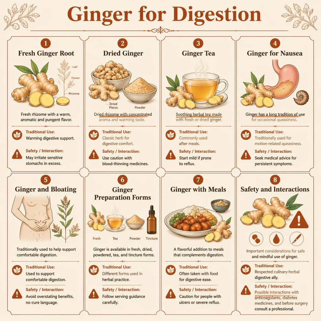 Editorial botanical infographic with 8 cream and rust cards on ginger for digestion, showing root, tea, nausea, bloating, forms, meals, and safety.