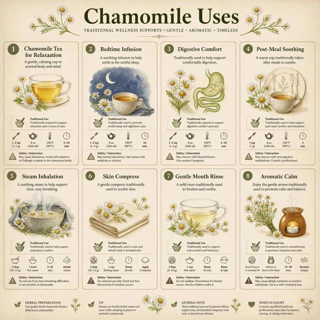 Infografía en cuadrícula con 8 tarjetas uniformes sobre usos de la manzanilla, ilustraciones botánicas y estilo acuarela vintage.