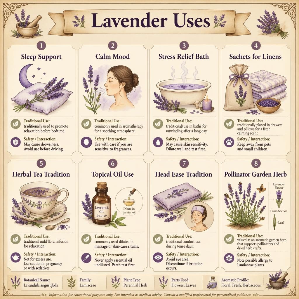 Watercolor infographic with 8 lavender use cards on parchment, showing icons, English labels, traditional uses, and safety notes.